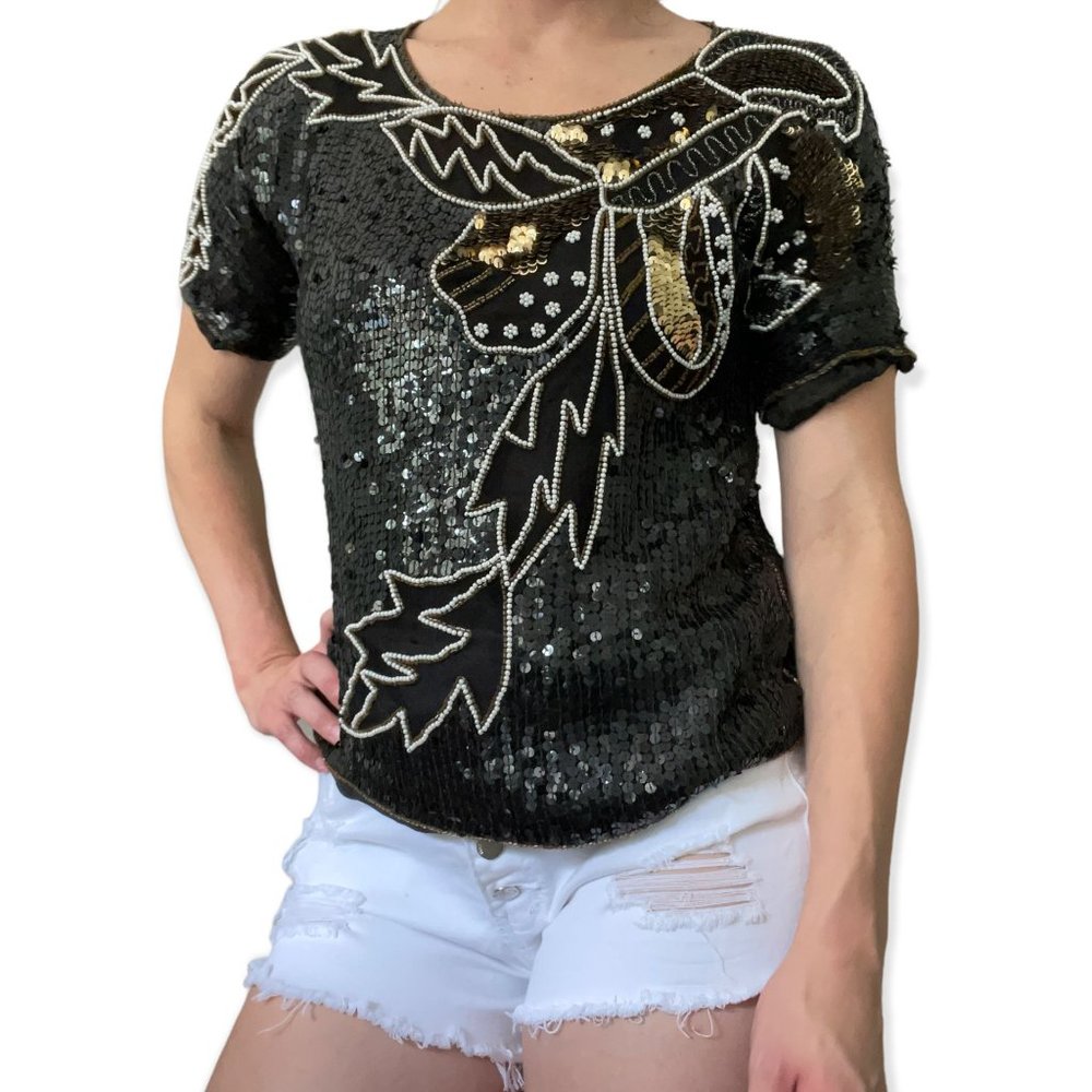 VTG Jean for Joseph Le Bon Black Sequin Silk Top Medium